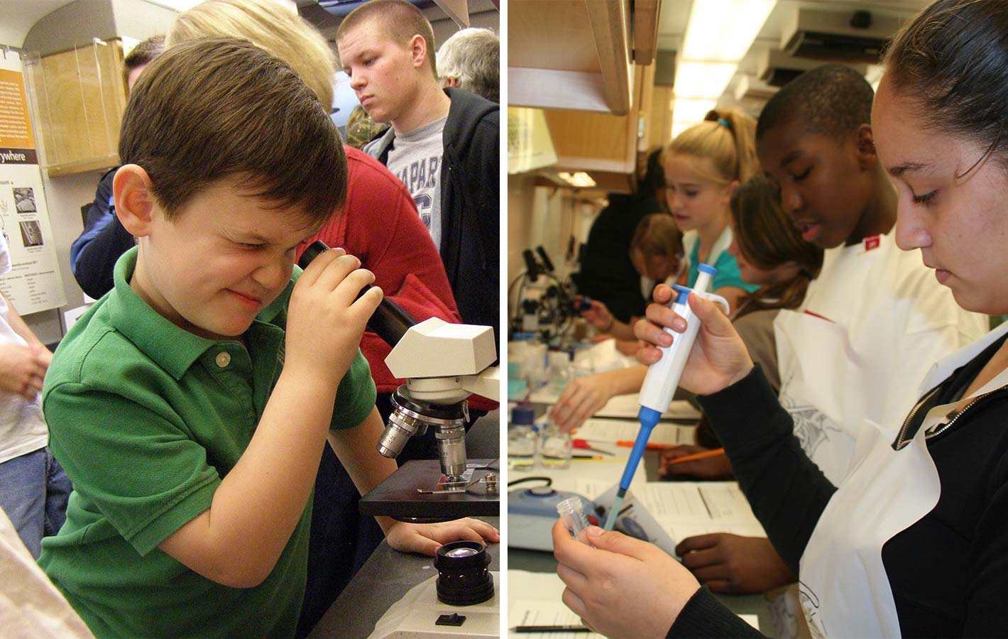Children learning aboard the JCVI DiscoverGenomics! Mobile Laboratory