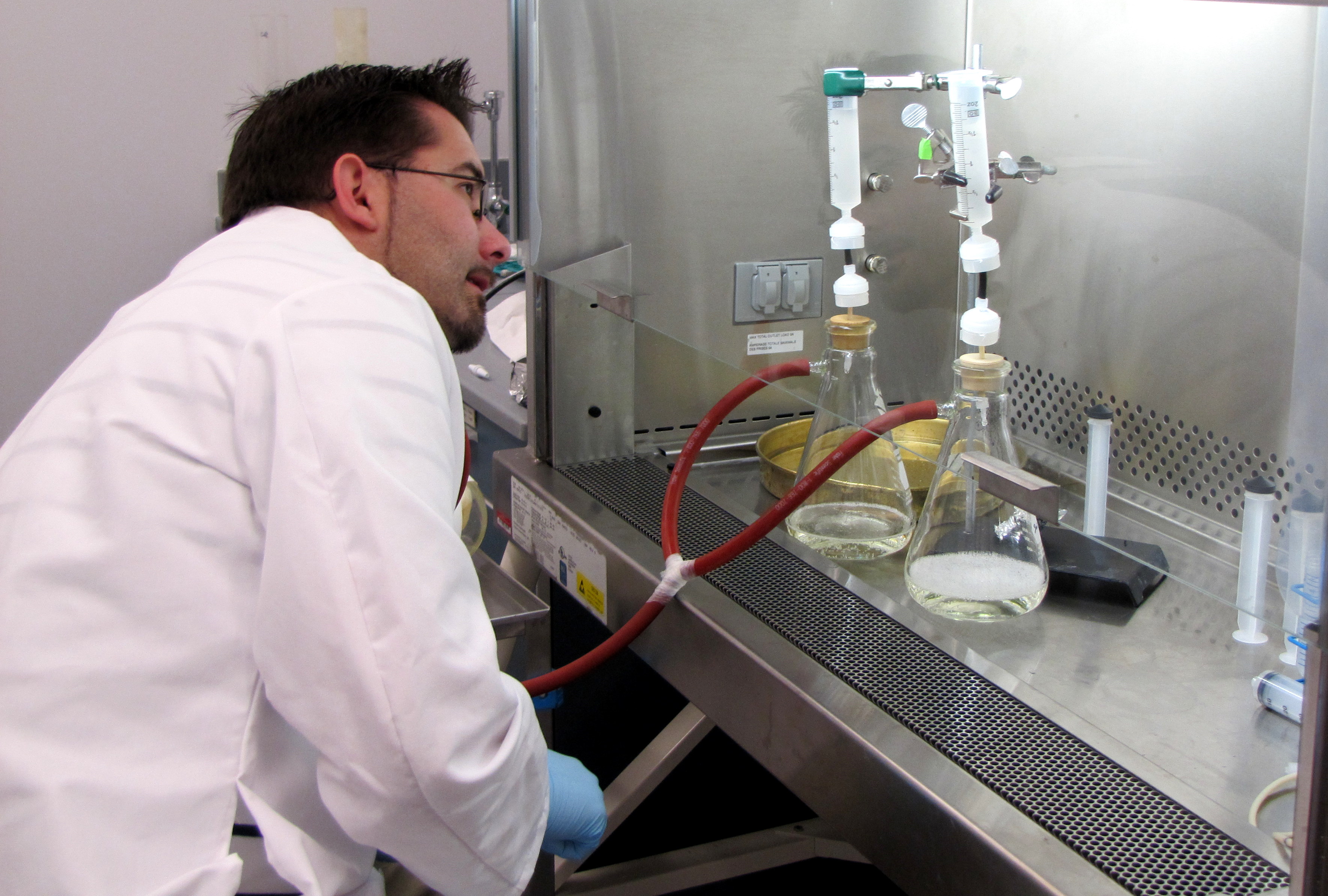 Doug Fadrosh checks on our de-aggregation and filtration set up. After the microorganisms are dissociated from the particulate matter and each other, they are filtered through 3.0 and 0.1 micron filters, and the balance - the viral fraction - is collected in the flask.