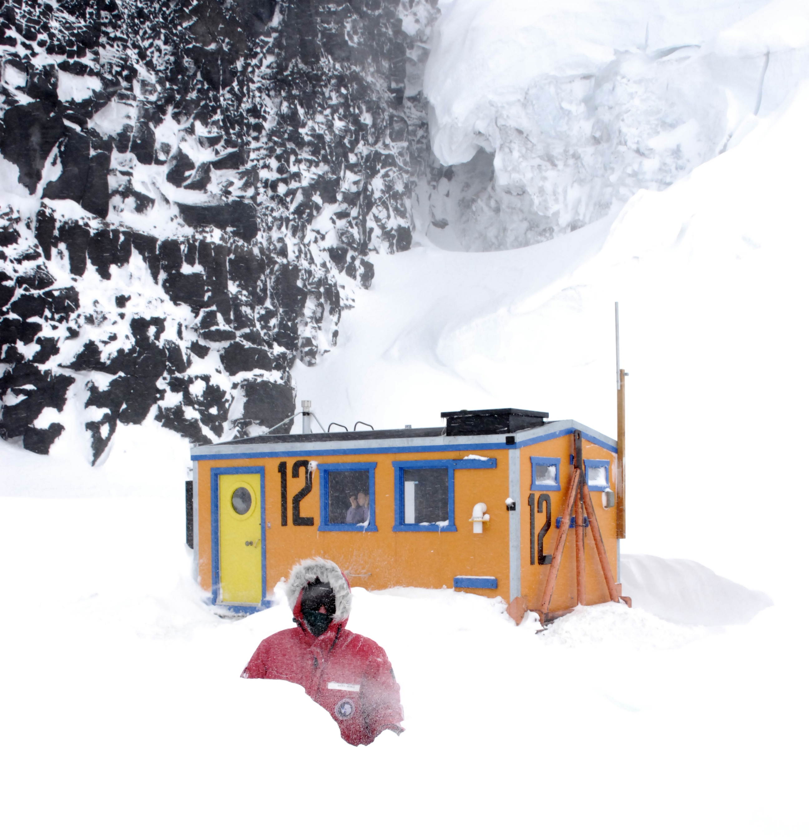 Dawn carving a path through the drifts to our mobile lab (Photo MS)