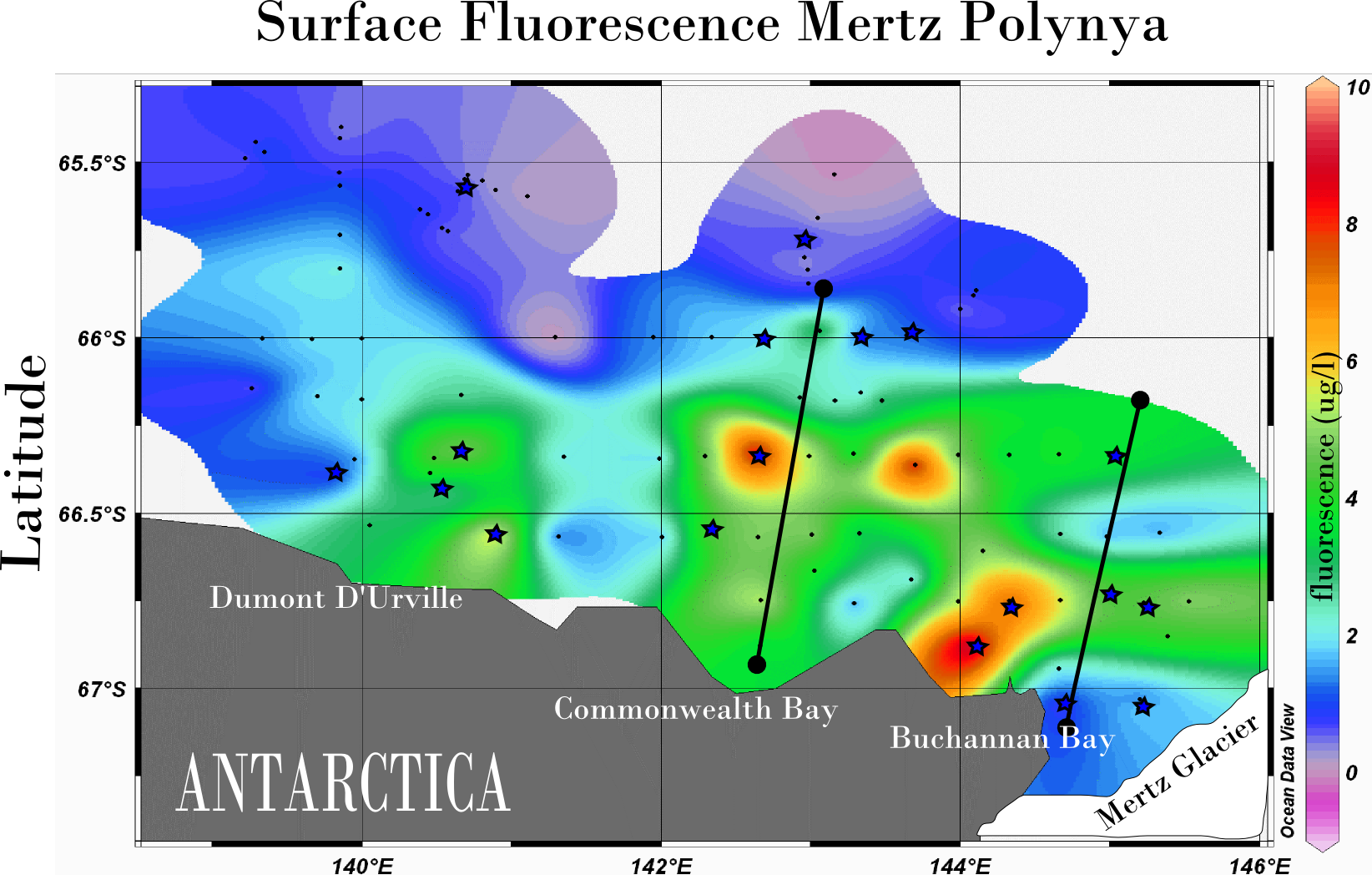Fluorescence map of the Mertz Polynya in December 2007 (mertz Glacier is in lower right).  Surface blooms are in red, and marine metagenomic samples were taken in areas marked with a star.