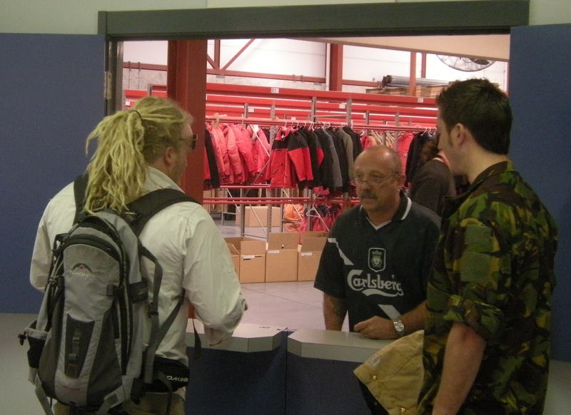 Expedition clothing window with hundreds of Antarctic parkas visible